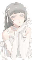 1girl bare_shoulders bead_necklace beads blunt_bangs choker closed_mouth cropped_torso dress elb elbow_gloves eyelashes glove_cutout gloves grey_eyes grey_hair hair_ribbon highres jewelry long_hair looking_at_viewer necklace original own_hands_together ribbon simple_background solo souitiroukirari upper_body white_background white_choker white_dress white_gloves white_ribbon