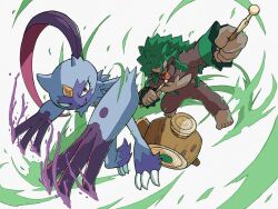blue_fur bright_pupils brown_eyes brown_fur chest_jewel claws debudebumetabo diamond_(shape) drum drumsticks dual_wielding eyelashes forehead_jewel gem gen_8_pokemon gorilla green_fur grin highres holding holding_drumsticks instrument long_claws looking_at_viewer multicolored_fur nintendo no_humans outstretched_arm poison pokemon pokemon_(creature) pokemon_focus purple_fur purple_liquid red_eyes rillaboom smile sneasler two-tone_fur v-shaped_eyes white_pupils yellow_gemstone