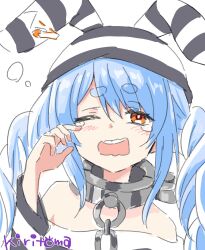 Rule 34 | 1girl, animal ears, blue hair, braid, chain, collar, commentary request, hair between eyes, hand up, highres, hololive, kiritoma, long hair, long sleeves, metal collar, off shoulder, one eye closed, open mouth, orange eyes, rabbit-shaped pupils, rabbit ears, shirt, signature, simple background, solo, striped clothes, striped hat, striped shirt, symbol-shaped pupils, tears, teeth, twin braids, twintails, upper body, upper teeth only, usada pekora, usada pekora (prisoner), wavy mouth, white background