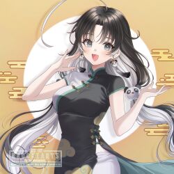 1girl :d ahoge aqua_trim black_dress black_hair blush border chromatic_aberration colored_inner_hair commentary cowboy_shot dot_nose dress drop_shadow duplicate earrings english_commentary fingernails grey_eyes hair_ornament hands_up highres huge_ahoge jewelry jianxin_(wuthering_waves) long_hair looking_at_viewer low_twintails multicolored_hair naochiarts open_mouth outside_border panda_earrings panda_hair_ornament pants parted_bangs round_border self-upload short_sleeves side_slit simple_background smile solo tongue twintails two-sided_fabric two-tone_hair very_long_hair white_background white_hair white_pants wuthering_waves yellow_border