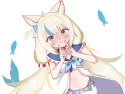 1girl ahoge animal_ear_fluff animal_ears blonde_hair blue_eyes blue_hair blue_sailor_collar blush breasts cat_ears closed_mouth commentary dress erx22 fingers_to_mouth fins fish_girl fish_tail highres indie_virtual_youtuber lifebuoy_hair_ornament long_hair looking_at_viewer low_twintails multicolored_hair navel sailor_collar sameko_saba short_shorts shorts simple_background sleeveless small_breasts smile solo stomach streaked_hair tail twintails very_long_hair virtual_youtuber white_background white_dress white_shorts