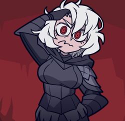 Rule 34 | 1girl, adjusting hair, arm behind back, black gloves, black knife tiche, closed mouth, commentary, crossover, elden ring, english commentary, gloves, helltaker, highres, holding, holding weapon, hood, hood down, looking at viewer, parody, red background, red eyes, shi ling yu, short hair, solo, style parody, vanripper (style), weapon, white hair