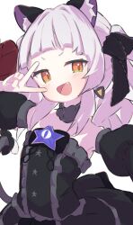Rule 34 | animal ear fluff, animal ears, black choker, black dress, black ribbon, black sleeves, blunt bangs, blush, cat ears, center frills, choker, detached sleeves, dress, fake ears, fang, frilled dress, frilled ribbon, frills, gothic lolita, hair ribbon, highres, hololive, inaririn, lolita fashion, long hair, looking at viewer, murasaki shion, murasaki shion (gothic lolita), open mouth, ribbon, star (symbol), strapless, strapless dress, twintails, v, virtual youtuber, white background, white hair, yellow eyes