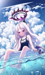 absurdres ahoge barefoot black_halo blue_archive blue_sky breasts demon_girl demon_horns demon_wings full_body halo highres hina_(blue_archive) hina_(swimsuit)_(blue_archive) horns innertube loli long_hair looking_at_viewer ocean old_school_swimsuit outdoors purple_eyes school_swimsuit sitting sky small_breasts soaking_feet swim_ring swimsuit unsaki_kei very_long_hair whistle whistle_around_neck wings