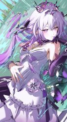 1girl afloat black_tiara breasts bubble castorice_(honkai:_star_rail) commentary da-un_(du) dress elbow_gloves flower flower_ornament gloves hair_flower hair_ornament highres honkai:_star_rail honkai_(series) long_hair medium_breasts pointy_ears purple_eyes purple_flower purple_gloves purple_hair single_glove solo symbol-only_commentary tiara white_dress