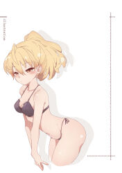 Rule 34 | 1girl, :/, absurdres, ahoge, ando tazusa, assault lily, bare arms, bare shoulders, black bra, black panties, blonde hair, blush, bra, breasts, closed mouth, collarbone, commentary request, cowboy shot, cropped legs, drop shadow, from side, groin, half-closed eyes, high ponytail, highres, inset border, kuro ula, leaning forward, looking at viewer, looking to the side, medium breasts, navel, orange eyes, own hands together, panties, ponytail, short hair, side-tie panties, simple background, solo, standing, stomach, string panties, underwear, underwear only, white background