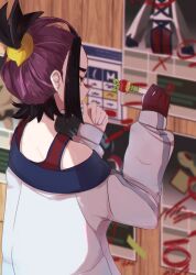 1boy applin black_hair blurry blurry_background chigiri_(_chigiri_) commentary_request gen_8_pokemon gloves hands_up highres indoors jacket kieran_(pokemon) long_sleeves male_focus multicolored_hair nintendo off_shoulder pokemon pokemon_sv poster_(object) purple_hair red_gloves red_shirt shirt single_glove slice_of_life solo themed_object thumb_sucking two-tone_hair white_jacket