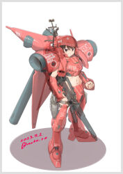 Rule 34 | 1girl, armor, black hair, breasts, brown eyes, cosplay, full body, gerbera tetra, gerbera tetra (cosplay), grin, gun, gundam, gundam 0083, kantai collection, mecha musume, midriff, miyuki (kancolle), moke ro, naked armor, red armor, rifle, short hair, simple background, small breasts, smile, solo, standing, weapon, white background, x-ray