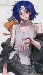 1boy absurdres alternate_costume amate_yuzuriha bandaid bandaid_on_face bandaid_on_forehead black_jacket black_pants blue_hair blush charm_(object) dog_tags emoji grey_background grey_tank_top gundam gundam_gquuuuuux highres jacket krymrin looking_at_viewer male_focus multicolored_hair nyaan_(gundam_gquuuuuux) off_shoulder open_clothes open_jacket open_mouth pants pleading_face_emoji purple_hair red_eyes robot shuji_ito simple_background sweat tank_top zipper_pull_tab