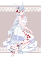 Rule 34 | 1girl, animal ears, barefoot, bow, closed mouth, commentary, dated, dress, ear ribbon, flower, fujimasa march (umamusume), grey background, grey hair, hair flower, hair ornament, harunonanashiki, highres, horse ears, horse girl, horse tail, leg ribbon, light frown, long dress, long hair, red flower, red ribbon, red rose, ribbon, rose, sitting, sleeveless, sleeveless dress, solo, straight hair, tail, twitter username, umamusume, umamusume: cinderella gray, white dress, yellow eyes, yokozuwari