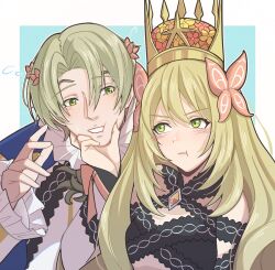 1boy 1girl :t alfred_(fire_emblem) blonde_hair blush brother_and_sister butterfly_hair_ornament celine_(fire_emblem) commentary_request crown fire_emblem fire_emblem_engage flower flying_sweatdrops fumiko_(290976767) green_eyes hair_between_eyes hair_flower hair_ornament hand_on_another&#039;s_chin highres long_hair long_sleeves looking_at_another nintendo pout short_hair siblings squeezing