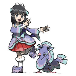 1girl :d alternate_costume bird black_hair blacknirrow dawn_(new_year&#039;s_2023)_(pokemon) dawn_(pokemon) dress full_body game_freak gen_7_pokemon grey_eyes long_hair nintendo official_alternate_costume open_mouth oricorio oricorio_(sensu) pokemon pokemon_(creature) pokemon_masters_ex purple_dress purple_footwear simple_background smile socks standing standing_on_one_leg white_background white_socks