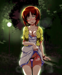 1girl after_vaginal aftersex arm_behind_back backlighting blush breasts brown_eyes brown_hair cleavage clothes_lift collarbone commentary_request condom dress dress_lift girls_und_panzer glowing glowing_eyes halter_dress halterneck highres implied_sex jacket kabutowari lace lace-trimmed_panties lace_trim looking_at_viewer nishizumi_miho open_mouth panties pink_panties shirt short_dress short_hair short_sleeves solo spaghetti_strap strap_slip string_panties sundress sweat textless_version underwear used_condom used_condom_in_clothes watch white_dress wristwatch yellow_jacket yellow_shirt