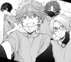 4boys akehoshi_subaru bangs_pinned_back black_hair covered_mouth ensemble_stars! glasses greyscale hair_between_eyes hand_on_own_hip hidaka_hokuto highres isara_mao looking_at_viewer maki_keigo male_focus mask monochrome mouth_mask multiple_boys open_mouth selfie short_hair short_sleeves smile sweat upper_body yuuki_makoto_(ensemble_stars!)