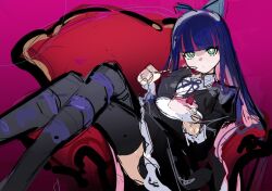 1girl aqua_eyes blue_hair blunt_bangs bow cake colored_inner_hair crossed_legs dress eating food jiu_ye_sang long_hair looking_at_viewer multicolored_hair panty_&amp;_stocking_with_garterbelt pink_background pink_hair simple_background solo stocking_(psg) striped_clothes striped_thighhighs thighhighs two-tone_hair unfinished