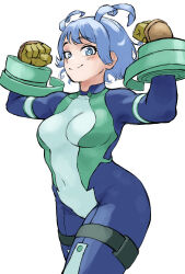 Rule 34 | 1girl, absurdres, arms up, blue bodysuit, blue eyes, blue hair, blush, bodysuit, boku no hero academia, breasts, closed mouth, covered navel, drill hair, fengling (furin-jp), gloves, green bodysuit, hado nejire, hair horns, highres, large breasts, looking at viewer, multicolored bodysuit, navel, short hair, simple background, skin tight, smile, solo, superhero costume, twin drills, white background, yellow gloves