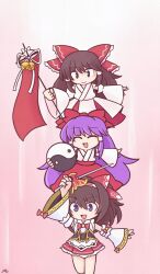 216 3girls :&gt; :d banner battle_standard bell black_eyes bow bowtie brown_eyes brown_hair buttons commentary_request detached_sleeves flag foul_detective_satori frilled_bow frills gensokyo&#039;s_first_hakurei_miko gohei gold_trim gradient_background hair_bow hair_tubes hakama hakama_skirt hakurei_reimu hakurei_reimu_(pc-98) hand_up highres holding holding_banner holding_gohei holding_needle huge_bow japanese_clothes jingle_bell kimono kosode large_bow long_hair long_sleeves miko multiple_girls needle neptune_(series) open_mouth orb outstretched_arms pink_background purple_hair red_bow red_bowtie red_hakama red_skirt ribbon ribbon-trimmed_sleeves ribbon_trim sandals sash shanghai_alice-chan_(neptunia) shirt short_hair sidelocks signature skirt sleeve_bow sleeveless sleeveless_shirt smile spread_arms touhou touhou_(pc-98) very_long_hair war_banner war_flag white_bow white_kimono white_ribbon white_shirt white_sleeves wide_sleeves yin_yang yin_yang_orb