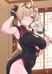 Rule 34 | 1girl, absurdres, ahoge, arm up, armpits, black-framed eyewear, black dress, blonde hair, breast cutout, breasts, china dress, chinese clothes, clothing cutout, covered navel, cowboy shot, double bun, dress, eyewear on head, fingerless gloves, glasses, gloves, hair bun, hair over one eye, hand fan, highres, holding, holding fan, indoors, looking at viewer, low twintails, medium breasts, medium hair, mekato, pelvic curtain, purple eyes, short twintails, single fingerless glove, single glove, sleeveless, sleeveless dress, smile, solo, sweety (zenless zone zero), tinted eyewear, tuanshan, twintails, two-tone dress, window, yellow-tinted eyewear, zenless zone zero