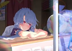 1girl absurdres blue_hair blurry blurry_background blush braid clenched_hand closed_mouth commentary commentary_request crossed_arms crown_braid day english_commentary frilled_sleeves frills hair_between_eyes hair_bun hair_spread_out highres indoors kyamiuu lens_flare light_frown long_hair looking_to_the_side mixed-language_commentary rainbow red_eyes reflection shirt short_sleeves sidelighting sidelocks single_hair_bun sitting solo sorakado_ao split_mouth summer_pockets upper_body white_shirt