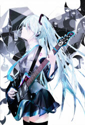 1girl 2em34 aqua_eyes aqua_hair bare_shoulders black_skirt blue_eyes blue_hair blue_necktie collared_shirt crescent_moon detached_sleeves grey_shirt guitar hair_ornament hatsune_miku heart highres instrument long_hair looking_up moon mouth_hold music necktie playing_instrument pleated_skirt plectrum plectrum_in_mouth rolling_girl_(vocaloid) shirt shoulder_tattoo skirt solo tattoo thighhighs twintails unknown_mother_goose_(vocaloid) very_long_hair vocaloid white_background zettai_ryouiki
