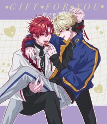 2boys arm_around_shoulder black_hair black_pants black_shirt blonde_hair blue_jacket blush bracelet braid braided_ponytail candy carrying chinese_knot chocolate collared_shirt earrings eating english_text eyebrow_piercing fang feeding food grey_pants hand_on_another&#039;s_head hand_on_another&#039;s_shoulder heart highres holding holding_chocolate holding_food invisible_chair jacket jewelry long_hair long_sleeves looking_at_another male_focus multicolored_hair multiple_boys necklace open_mouth pants piercing pomp0727 princess_carry profile red_eyes red_hair shiguang_dailiren shirt short_hair single_braid sitting sitting_on_person sleeves_past_wrists smile tassel turtleneck twitter_username watermark white_shirt xia_fei xiao_weiying yaoi zipper