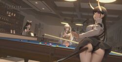 5girls absurdres alternate_breast_size alternate_costume apron artist_name ass azur_lane ball billiard_ball black_hair black_panties black_skirt breasts ceiling_light character_request commentary_request cue_stick dutch_angle formidable_(azur_lane) grey_hair high_ponytail highres holding_cue_stick indoors large_breasts leaning_forward long_hair long_sleeves medium_breasts multiple_girls noshiro_(azur_lane) panties ponytail pool_table purple_eyes red_eyes sakawa_(azur_lane) shirt short_sleeves sitting skirt table translation_request twintails underwear variant_set very_long_hair white_apron white_panties white_shirt window_blinds yuebanmao