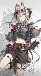 1girl absurdres antennae arknights black_boots black_jacket black_shorts boots crop_top eyewear_on_head fingerless_gloves gloves grey_hair grin hand_on_own_hip highres jacket kieed midriff orange_eyes red_nails revision shorts smile solo standing standing_on_one_leg w_(arknights)