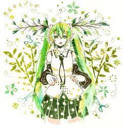 1girl :o ? absurdres asagi_kino collared_shirt commentary_request cropped_legs detached_sleeves floral_background floral_print green_eyes green_hair green_necktie green_skirt green_sleeves green_theme hair_between_eyes hair_ornament hatsune_miku highres long_hair masking_tape_(medium) mixed_media necktie plant plant_horns scissors shirt shiryosuru_zombie_(vocaloid) shoulder_tattoo sidelocks skirt sleeveless sleeveless_shirt solo song_name tattoo traditional_media twintails unconventional_media very_long_hair vocaloid white_background white_shirt