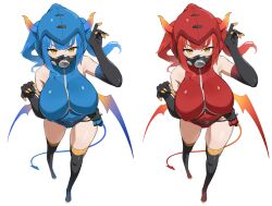 2girls absurdres black_gloves blu_pyro_(tf2) blue_hair blue_leotard boots breasts commentary commission covered_navel demon_horns demon_tail demon_wings elbow_gloves english_commentary fake_horns fake_tail fake_wings full_body genderswap genderswap_(otf) gloves halloween_costume highres hood hood_up horns large_breasts latex latex_leotard leotard long_hair looking_at_viewer low_wings mask multiple_girls pyro_(tf2) red_hair red_leotard red_pyro_(tf2) respirator simple_background t-lex tail team_fortress_2 thigh_boots twintails white_background wings yellow_eyes zipper