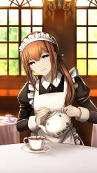 1girl apron archived_source black_dress blue_eyes brown_hair closed_mouth collared_dress cup dress frilled_apron frills game_cg hair_between_eyes highres holding holding_teapot huke indoors juliet_sleeves long_hair long_sleeves looking_at_viewer maid maid_headdress makise_kurisu official_alternate_costume official_alternate_hairstyle official_art ponytail pouring puffy_sleeves saucer smile solo steins;gate table tea teacup teapot third-party_source white_apron window