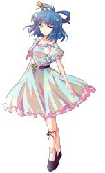 1girl alphes_(style) blue_eyes blue_hair collarbone commentary_request dairi dress flower full_body hair_ornament hair_rings hair_stick highres kaku_seiga light_smile ofuda parody shawl solo style_parody tachi-e touhou transparent_background vest