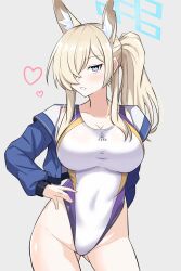 1girl absurdres animal_ear_fluff animal_ears blonde_hair blue_archive blue_eyes blue_halo blue_jacket breasts competition_swimsuit covered_navel dog_ears dog_girl extra_ears grey_background hair_over_one_eye halo hand_on_own_hip highleg highleg_one-piece_swimsuit highres jacket jacket_partially_removed kanna_(blue_archive) kanna_(swimsuit)_(blue_archive) large_breasts long_hair looking_at_viewer minaduki0707 notched_ear official_alternate_costume one-piece_swimsuit ponytail simple_background solo swimsuit white_one-piece_swimsuit