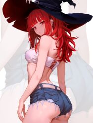 1girl absurdres ass belt black_hat blunt_bangs breasts commentary cowboy_shot cutoffs ear_piercing earrings grey_belt hat highres jewelry long_hair looking_at_viewer looking_back median_furrow original piercing red_eyes red_hair small_breasts solo strapless tube_top val_(yan_kodiac) white_tube_top witch_hat yan_kodiac zoom_layer