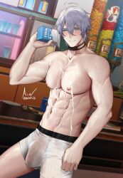 1boy abs absurdres asa_ifrit_(asaifrit) black_choker blue_eyes bulge choker grey_hair hair_between_eyes highres holding holding_milk_carton honkai:_star_rail honkai_(series) male_focus male_underwear milk milk_carton muscular muscular_male navel neck_tattoo nipples phainon_(honkai:_star_rail) short_hair solo stomach tattoo topless_male underwear white_male_underwear