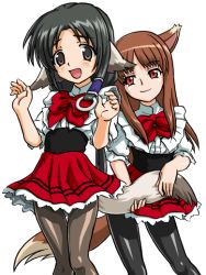 00s 2girls animal_ears bandabekken bronze_parrot brown_hair cosplay crossover dog_ears eruruu holding_another&#039;s_tail holo long_hair multiple_girls pantyhose red_eyes spice_and_wolf tail tail_grab utawarerumono waitress wolf_ears wolf_tail