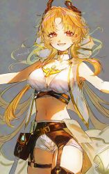 1girl ankh ankh_necklace arknights bare_arms belt blonde_hair breasts cleavage crop_top demon_girl demon_horns garter_belt gold_necklace high_belt highres hood hooded_vest hoodie horn_ornament horns jewelry large_breasts navel necklace open_clothes open_mouth open_vest philae_(arknights) pointy_ears red_eyes short_shorts shorts smile syakkotu thigh_strap thighs vest