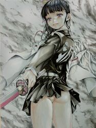 1girl absurdres anus anus_peek ass black_hair bottomless butterfly_hair_ornament demon_slayer_uniform floral_print hair_ornament highres holding holding_sword holding_weapon katsu_(24791909) kimetsu_no_yaiba marker_(medium) pink_eyes pleated_skirt skirt sword traditional_media tsuyuri_kanao weapon