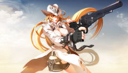 1girl 3d belt blonde_hair breasts cleavage cleavage_cutout clothing_cutout coat covered_erect_nipples cowboy_hat cowboy_western donne_anonime female_focus fingerless_gloves gloves gun handgun hat highres large_breasts long_hair mouth_hold nishii_(damnedrive) nitroplus pistol red_eyes revolver shorts solo torn_clothes very_long_hair weapon zoku_satsuriku_no_django