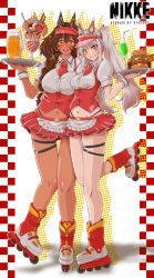 2girls alcohol animal_ear_headwear animal_ears apron beer beer_mug blanc_(nikke) breasts brown_hair burger cheese cup dark-skinned_female dark_skin dessert drinking_glass fake_animal_ears fast_food foam food french_fries frilled_apron frills fruit fruit_tart goddess_of_victory:_nikke highres holding holding_tray ice_cream ice_cream_spoon large_breasts long_hair looking_at_viewer margherita832 mug multiple_girls noir_(nikke) parfait rabbit_ears roller_skates sesame_seeds skates spoon strawberry strawberry_parfait strawberry_tart tart_(food) tomato tomato_slice tray very_long_hair visor_cap wafer wafer_stick waitress whipped_cream white_apron white_hair yellow_eyes