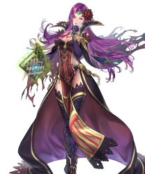 1girl alternate_costume ankle_boots book boots breasts cape capelet cleavage closed_mouth dress female_focus fingernails fire_emblem fire_emblem_echoes:_shadows_of_valentia fire_emblem_heroes gloves glowing gold_trim hair_ornament hand_up head_tilt highres holding holding_book jewelry lips long_hair looking_at_viewer makeup matching_hair/eyes medium_breasts nintendo non-web_source official_alternate_costume official_art pelvic_curtain purple_eyes purple_hair seductive_smile shiny_clothes smile solo sonya_(fire_emblem_gaiden) standing suzuki_rika thighhighs tiara torn_cape torn_clothes transparent_background
