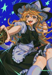 1girl :d apron black_hat black_skirt black_vest blonde_hair blue_background bow braid frilled_skirt frills hair_between_eyes hair_bow hand_on_headwear hat hat_bow highres kirisame_marisa kneehighs long_hair looking_at_viewer mini-hakkero noriuma open_mouth outstretched_arm puffy_short_sleeves puffy_sleeves shirt short_sleeves single_braid skirt smile socks solo star_(symbol) teeth touhou upper_teeth_only very_long_hair vest waist_apron white_apron white_bow white_shirt white_socks witch_hat yellow_eyes