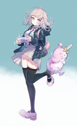 Rule 34 | 1girl, absurdres, black jacket, black shirt, black thighhighs, bow, breasts, danganronpa (series), danganronpa 2: goodbye despair, diving penguin, dress shirt, ear bow, galaga, gradient background, handheld game console, highres, holding, holding handheld game console, hood, hood down, jacket, large breasts, medium hair, miniskirt, monomi (danganronpa), nanami chiaki, open clothes, open jacket, pink hair, pink shoes, pleated skirt, shirt, shoes, skirt, thighhighs, trembling, white shirt