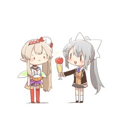 2girls :&gt; apple black_jacket black_shoes blazer bow brown_cardigan brown_hair cardigan chibi closed_mouth clothes_around_waist clothes_writing collared_shirt cup drink elf elu_(1st_costume)_(nijisanji) elu_(nijisanji) flower food fruit grey_hair hair_bow hair_ornament hairclip higuchi_kaede higuchi_kaede_(1st_costume) holding holding_cup i_heart... jacket multiple_girls necktie nijisanji open_clothes open_jacket open_mouth pink_flower pointy_ears ponytail purple_necktie rebecca_(keinelove) red_shoes red_thighhighs shirt shoes side_ponytail simple_background socks thighhighs triangle_mouth virtual_youtuber white_background white_bow white_shirt white_socks |_|