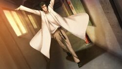 1boy arms_up beard_stubble belt black_belt black_hair breast_pocket brown_pants chuunibyou coat dutch_angle facial_hair game_cg green_slippers grey_eyes highres huke imminent_attack indoors lab_coat lapels leather_belt long_sleeves looking_at_viewer male_focus messy_hair non-web_source notched_lapels official_art okabe_rintarou open_mouth orange_sky outstretched_arms pants pocket ringed_eyes shirt shirt_partially_tucked_in sky slippers solo square_pupils standing standing_on_one_leg steins;gate steins;gate:_linear_bounded_phenogram stubble sunlight sunset t-shirt tongue white_coat white_shirt