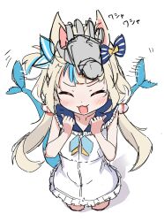 Rule 34 | 1girl, :3, :d, afterimage, animal ears, bare arms, blonde hair, blue hair, blue sailor collar, blunt bangs, cat ears, clenched hands, commentary, disembodied head, dot nose, dress, fins, fish tail, frilled dress, frilled sailor collar, frills, hand on another&#039;s head, hashtag-only commentary, headpat, highres, indie virtual youtuber, innertube hair ornament, light blush, long hair, low twintails, multicolored hair, one side up, open mouth, panda060, sailor collar, sailor dress, sameko saba, simple background, sketch, sleeveless, sleeveless dress, smile, solo focus, streaked hair, tail, tail wagging, twintails, two-tone hair, very long hair, virtual youtuber, white background, white dress