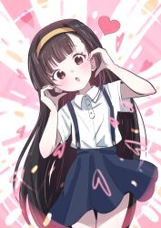 1girl black_hair blue_skirt blush brown_eyes flat_chest giorgio_(yo_sumire_sola1) hairband heart highres long_hair looking_at_viewer make_heroine_ga_oo_sugiru! nukumizu_kaju open_mouth shirt short_sleeves skirt solo suspender_skirt suspenders very_long_hair white_shirt yellow_hairband
