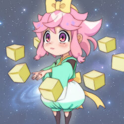 1girl black_socks block_(object) blush bow diamond-shaped_pupils diamond_(shape) floating galaxy green_kimono hair_bow hairband highres japanese_clothes kimono long_sleeves maro_(mashin_souzouden_wataru) mashin_eiyuuden_wataru mashin_souzouden_wataru pink_hair red_eyes short_hair sky smile socks space star_(sky) starry_sky symbol-shaped_pupils t_jiroo_(ringofriend) waist_bow wide_sleeves yellow_bow