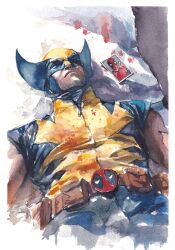 1boy belt blood blood_on_clothes blue_bodysuit bodysuit borrowed_clothes closed_mouth deadpool deadpool_(series) facial_hair itoscaresme lying male_focus marvel mask muscular muscular_male on_back painting_(medium) photo_(object) red_mask sleeveless superhero_costume traditional_media two-tone_bodysuit watercolor_(medium) wolverine_(x-men) x-men yellow_bodysuit zipper