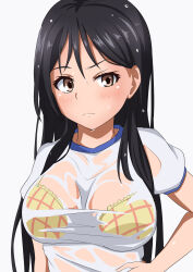 1girl a_certain_high_school_gym_uniform black_hair bra breasts brown_eyes closed_mouth commentary frown fukiyose_seiri hand_on_own_hip highres large_breasts long_hair looking_at_viewer see-through_clothes see-through_shirt shirt solo tabu_(tabu_01) toaru_majutsu_no_index underwear uneven_eyes upper_body wet wet_clothes wet_hair wet_shirt white_background white_shirt yellow_bra