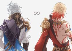 Rule 34 | 2boys, antenna hair, arm tattoo, armlet, armor, back tattoo, black coat, black shirt, blonde hair, blue cape, braid, cape, coat, commentary request, from behind, gold necklace, gradient hair, honkai: star rail, honkai (series), infinity symbol, jewelry, kujyo sk, male focus, medium hair, multicolored hair, multiple boys, mydei (honkai: star rail), necklace, open clothes, open coat, pauldrons, phainon (honkai: star rail), red cape, red hair, red tattoo, shirt, short hair, shoulder armor, side braid, side cape, simple background, single pauldron, tattoo, toned, toned male, white background, white coat, white hair